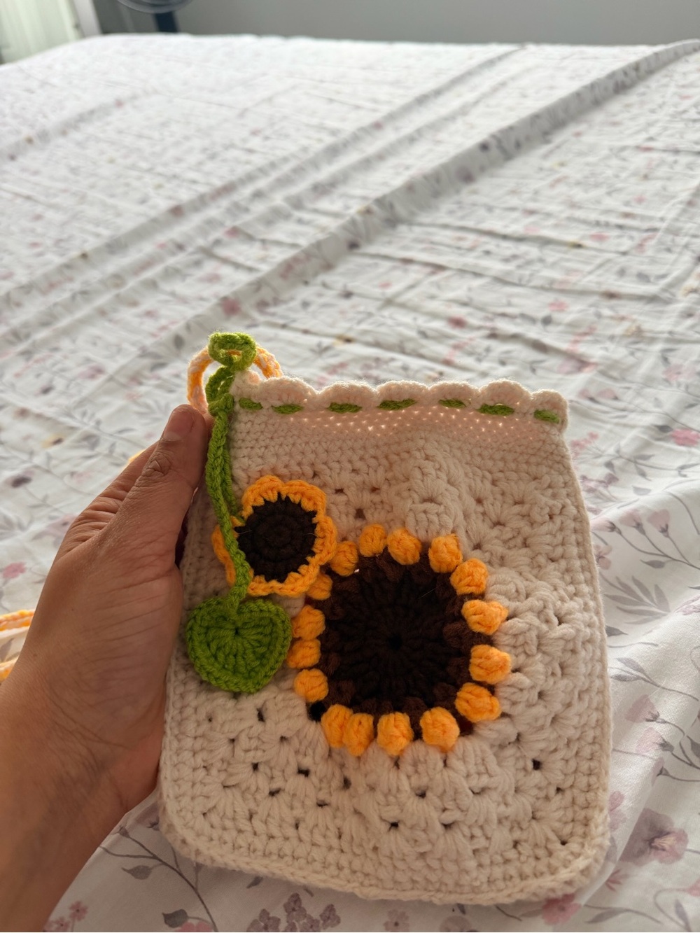 Handmade Crocheted Sunflower Mobile Bag - Cream, Yellow, Brown, Green